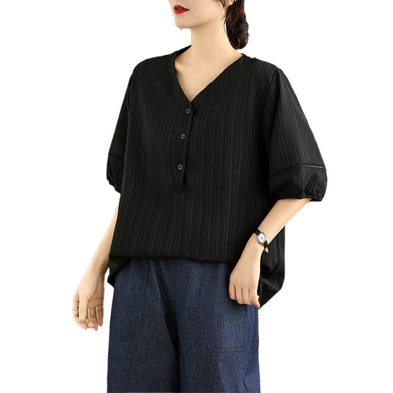 Buddha Stones Summer Casual Pure Mezza Manica a Sbuffo Mezza Bottone Scollo a V T-Shirt da Donna