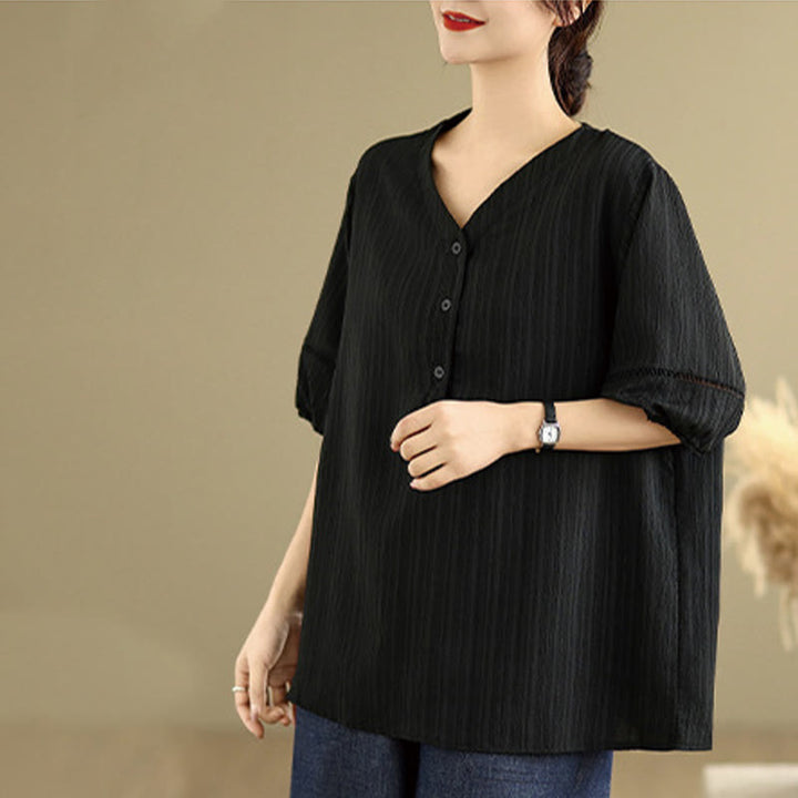 Buddha Stones Summer Casual Pure Mezza Manica a Sbuffo Mezza Bottone Scollo a V T-Shirt da Donna