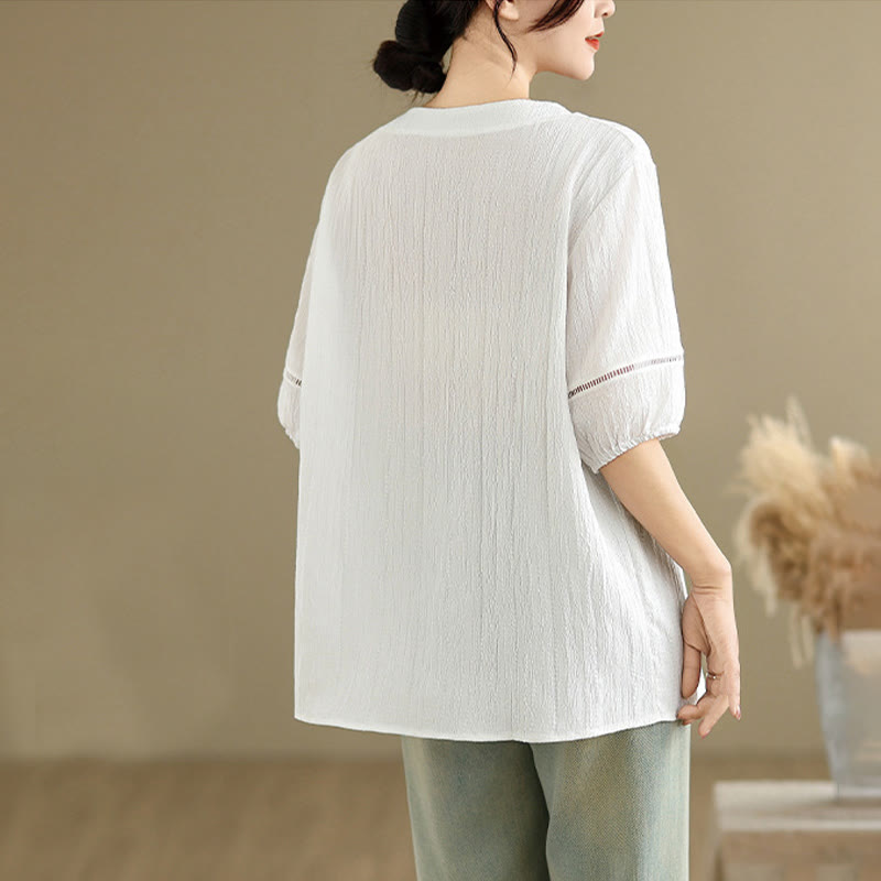 Buddha Stones Summer Casual Pure Mezza Manica a Sbuffo Mezza Bottone Scollo a V T-Shirt da Donna