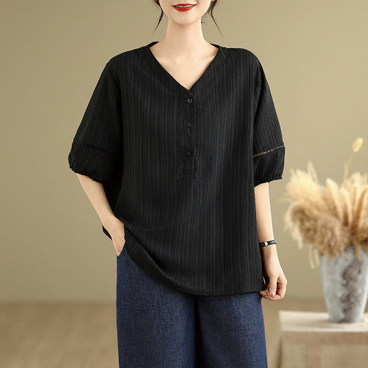 Buddha Stones Summer Casual Pure Mezza Manica a Sbuffo Mezza Bottone Scollo a V T-Shirt da Donna