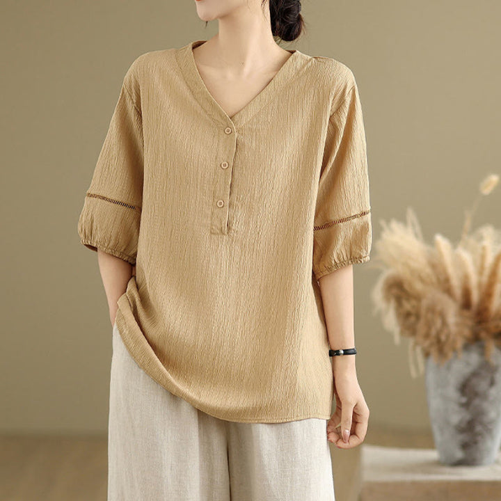 Buddha Stones Summer Casual Pure Mezza Manica a Sbuffo Mezza Bottone Scollo a V T-Shirt da Donna