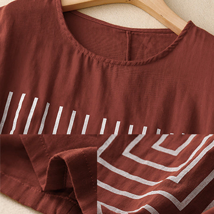 Maglietta da donna in cotone e lino a maniche corte con motivo stampato a linee casuali Buddha Stones - image 8