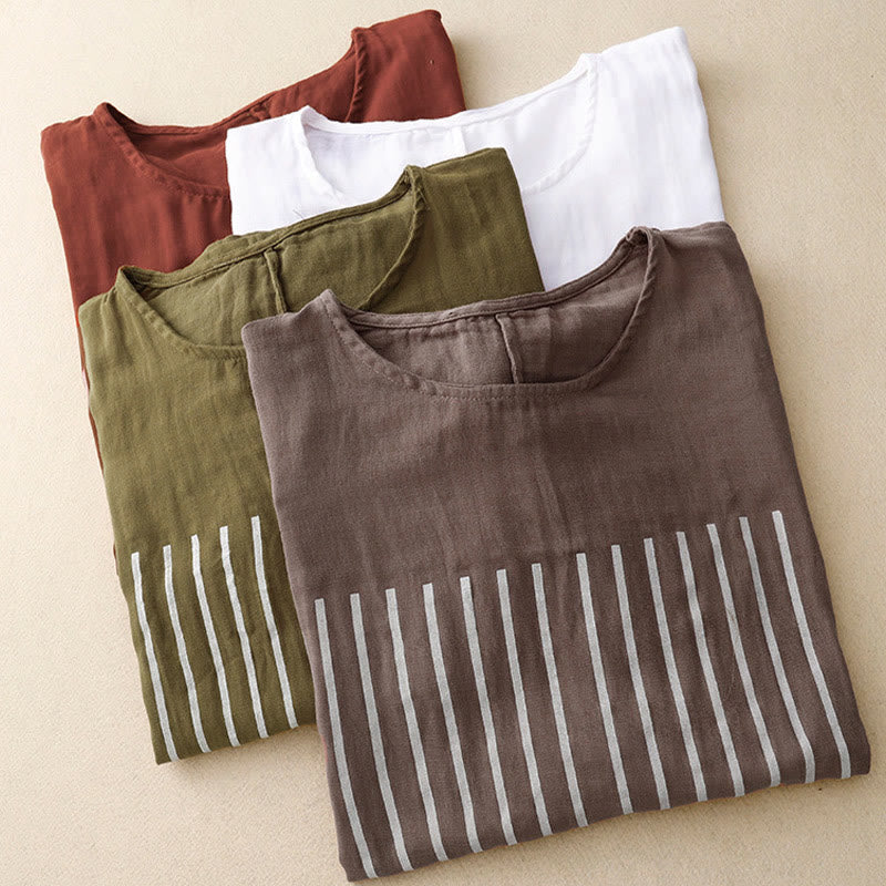 Maglietta da donna in cotone e lino a maniche corte con motivo stampato a linee casuali Buddha Stones - image 23