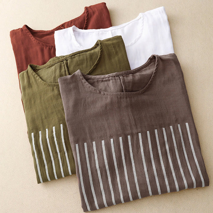 Maglietta da donna in cotone e lino a maniche corte con motivo stampato a linee casuali Buddha Stones - image 23