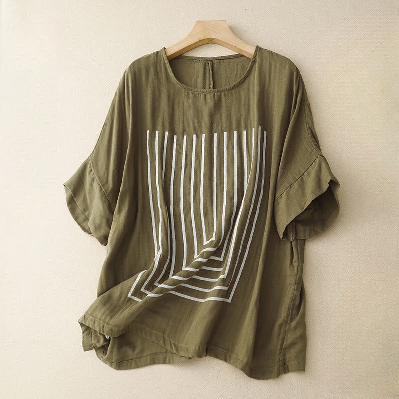 Maglietta da donna in cotone e lino a maniche corte con motivo stampato a linee casuali Buddha Stones - Oliva - US12, UK/AU16, EU44 (2XL) - image 0