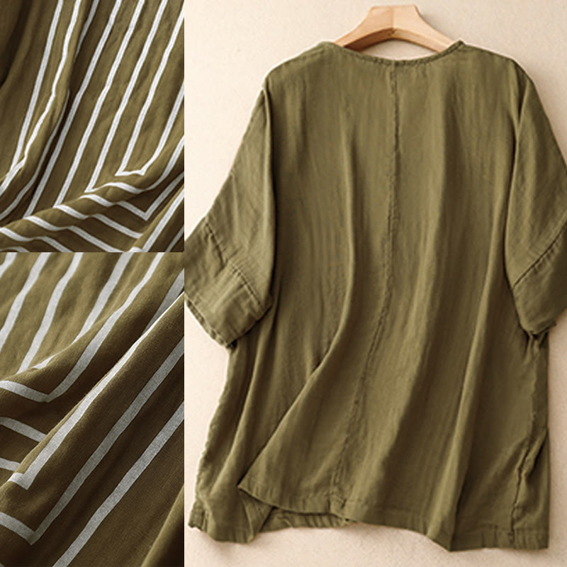 Maglietta da donna in cotone e lino a maniche corte con motivo stampato a linee casuali Buddha Stones - image 6