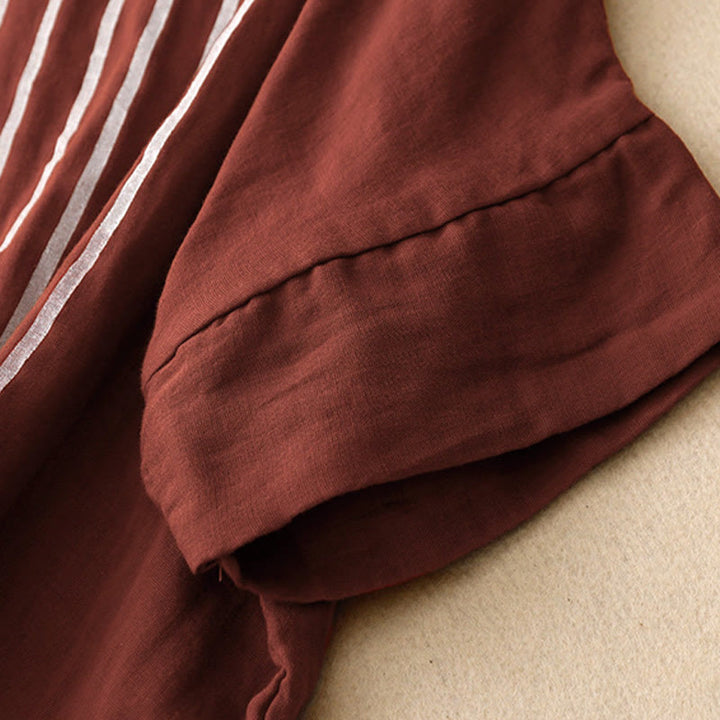 Maglietta da donna in cotone e lino a maniche corte con motivo stampato a linee casuali Buddha Stones - image 9