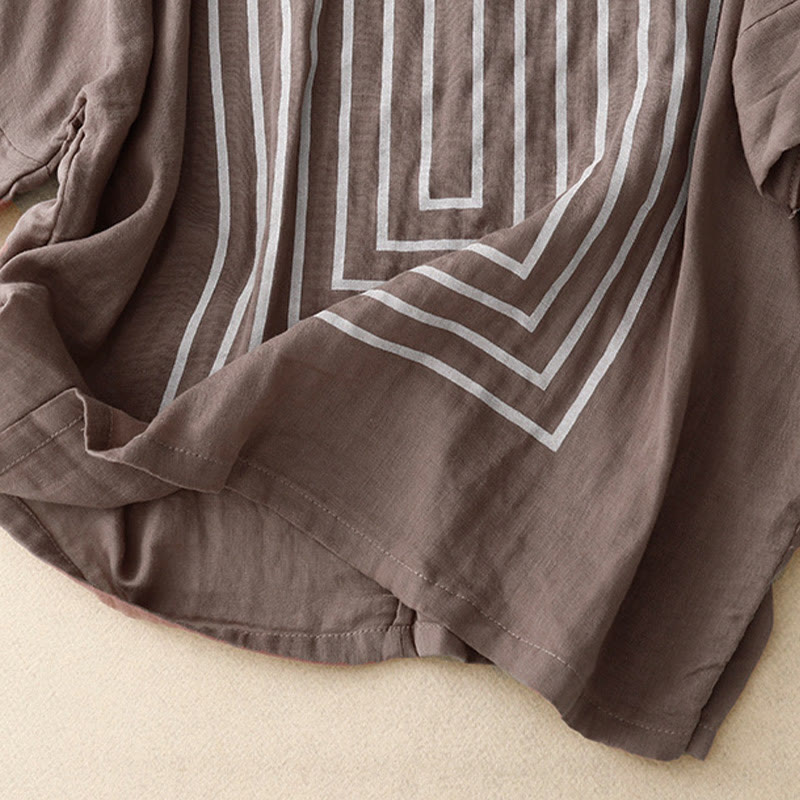 Maglietta da donna in cotone e lino a maniche corte con motivo stampato a linee casuali Buddha Stones - image 20