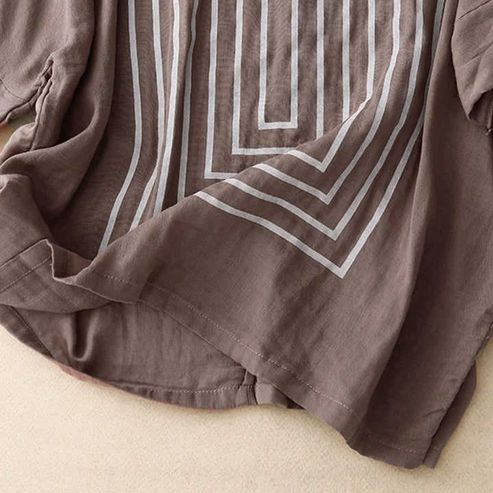 Maglietta da donna in cotone e lino a maniche corte con motivo stampato a linee casuali Buddha Stones - image 20