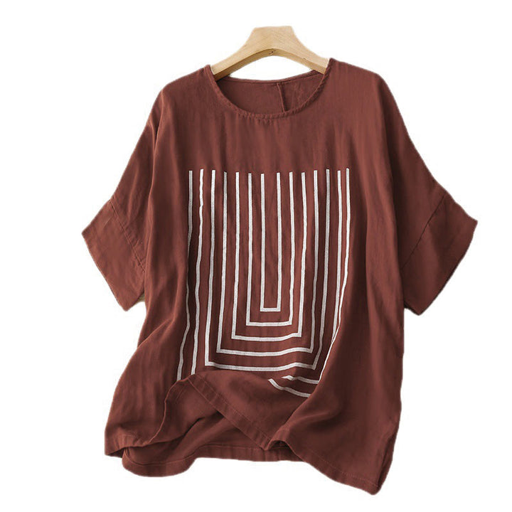 Maglietta da donna in cotone e lino a maniche corte con motivo stampato a linee casuali Buddha Stones - image 11