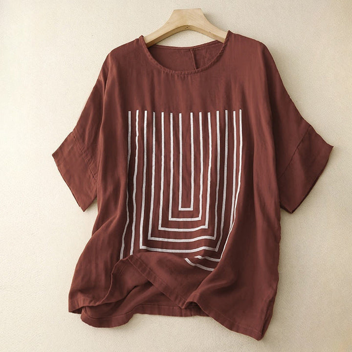 Maglietta da donna in cotone e lino a maniche corte con motivo stampato a linee casuali Buddha Stones - Marrone - US12, UK/AU16, EU44 (2XL) - image 7