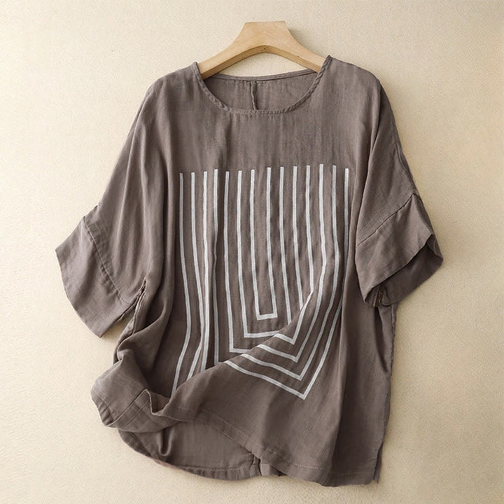 Maglietta da donna in cotone e lino a maniche corte con motivo stampato a linee casuali Buddha Stones - Marrone rosa - US12, UK/AU16, EU44 (2XL) - image 18