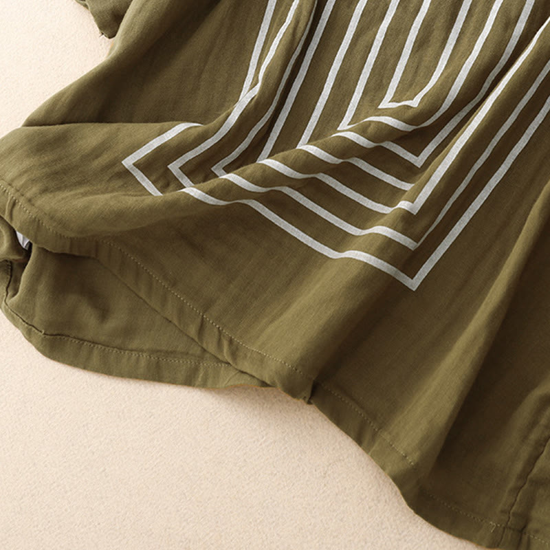 Maglietta da donna in cotone e lino a maniche corte con motivo stampato a linee casuali Buddha Stones - image 2