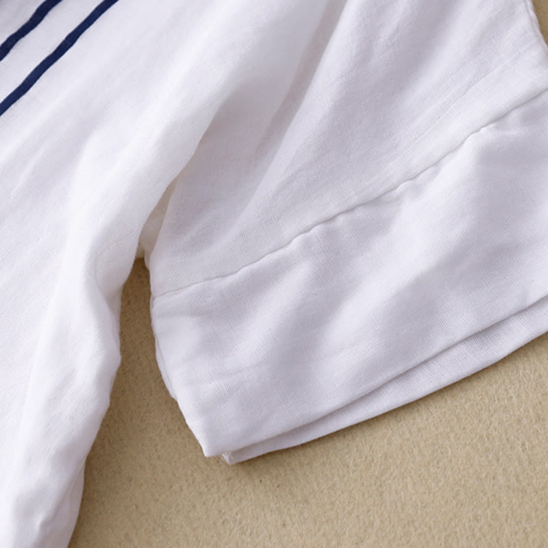 Maglietta da donna in cotone e lino a maniche corte con motivo stampato a linee casuali Buddha Stones - image 16