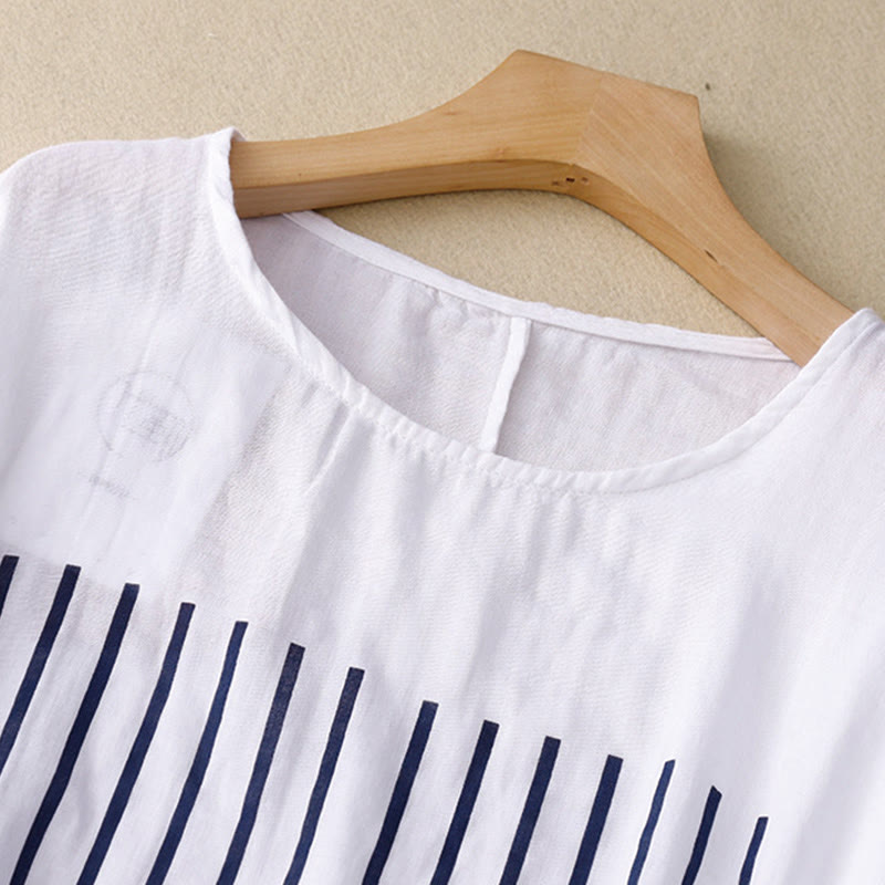 Maglietta da donna in cotone e lino a maniche corte con motivo stampato a linee casuali Buddha Stones - image 13