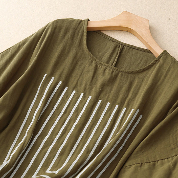 Maglietta da donna in cotone e lino a maniche corte con motivo stampato a linee casuali Buddha Stones - image 1