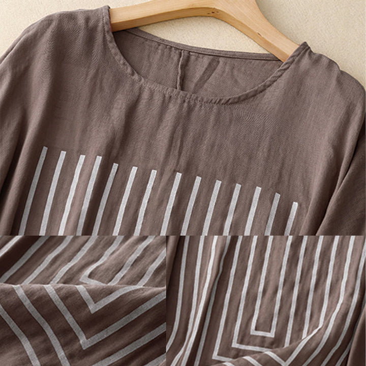 Maglietta da donna in cotone e lino a maniche corte con motivo stampato a linee casuali Buddha Stones - image 21