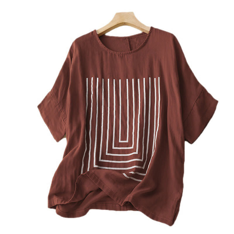 Maglietta da donna in cotone e lino a maniche corte con motivo stampato a linee casuali Buddha Stones - image 11