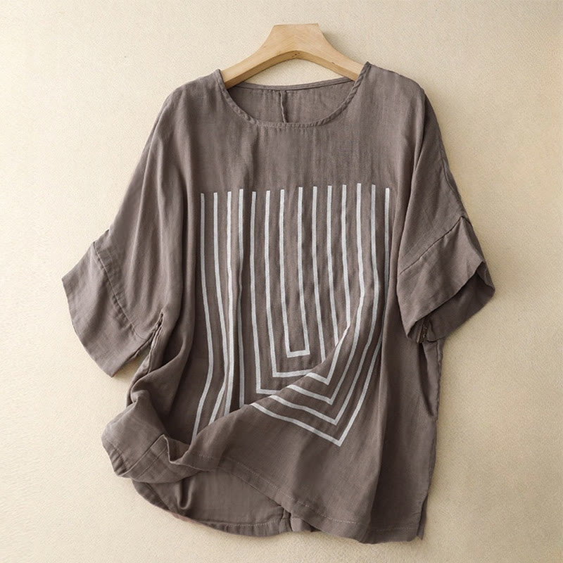 Maglietta da donna in cotone e lino a maniche corte con motivo stampato a linee casuali Buddha Stones - Marrone rosato - US12, UK/AU16, EU44 (2XL) - image 18