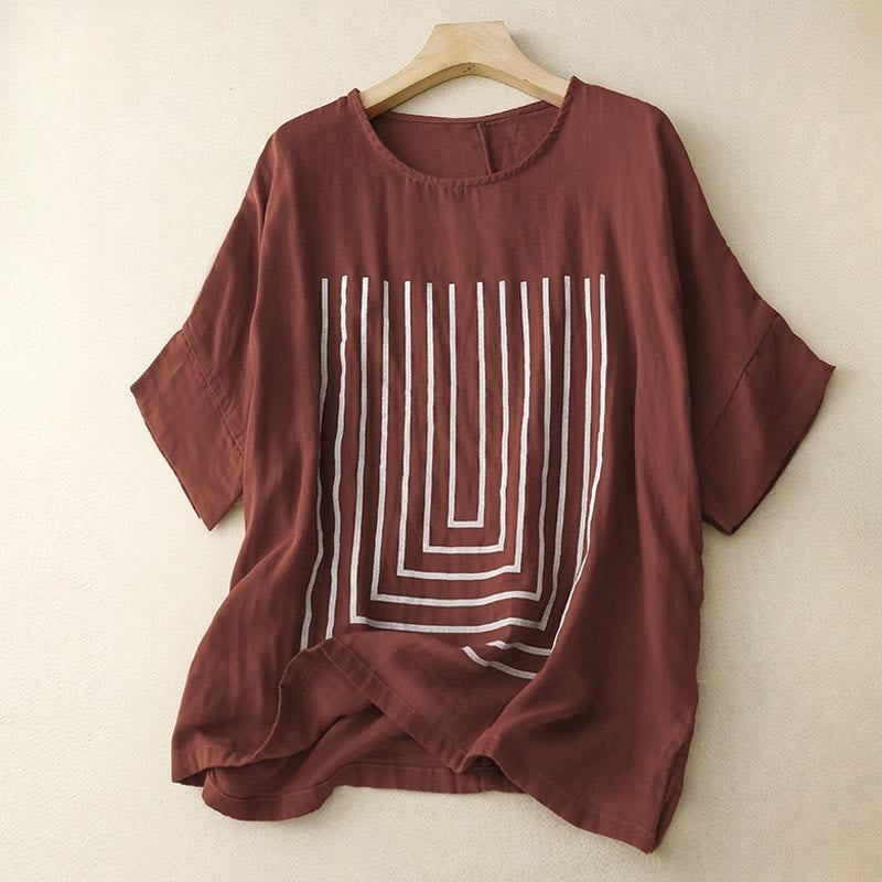 Maglietta da donna in cotone e lino a maniche corte con motivo stampato a linee casuali Buddha Stones - Marrone - US12, UK/AU16, EU44 (2XL) - image 7