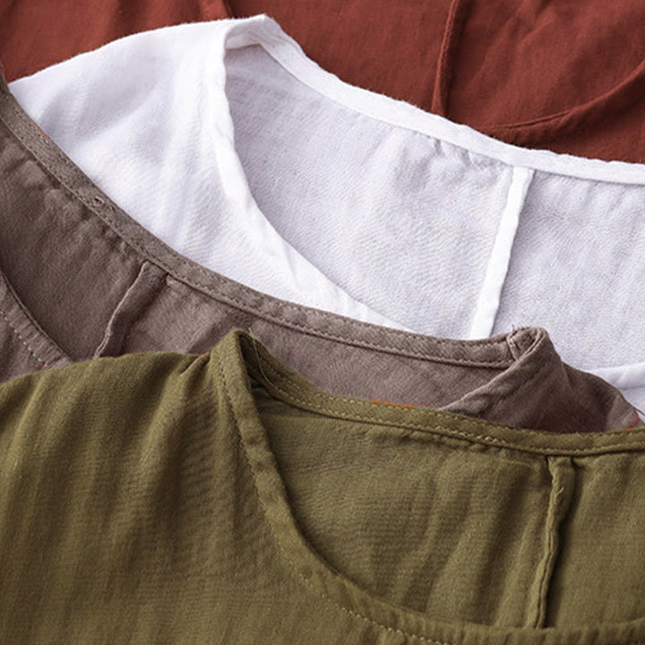 Maglietta da donna in cotone e lino a maniche corte con motivo stampato a linee casuali Buddha Stones - image 22