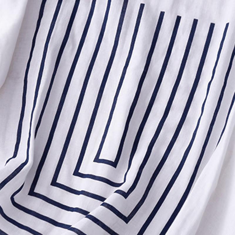 Maglietta da donna in cotone e lino a maniche corte con motivo stampato a linee casuali Buddha Stones - image 15