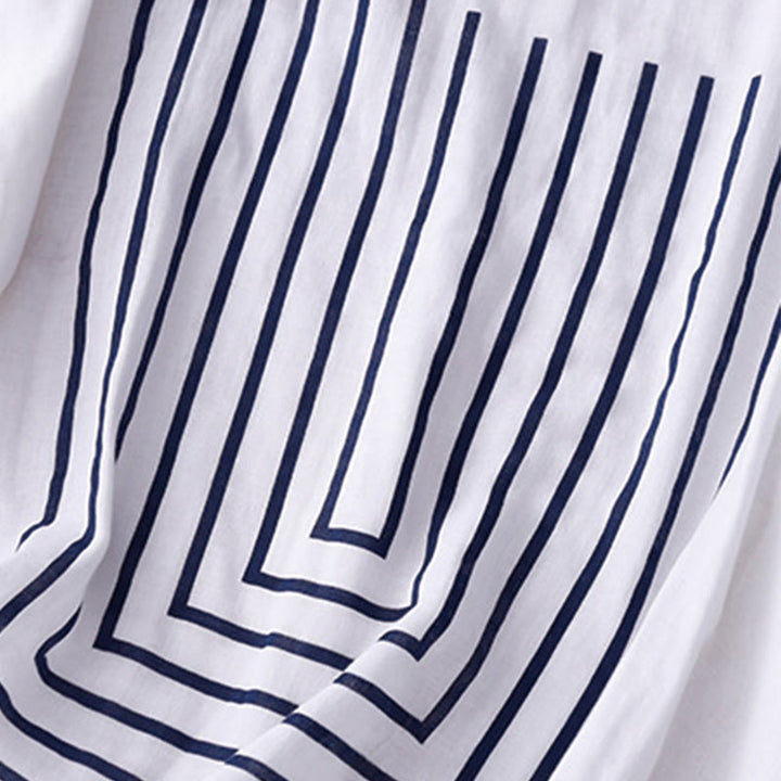 Maglietta da donna in cotone e lino a maniche corte con motivo stampato a linee casuali Buddha Stones - image 15