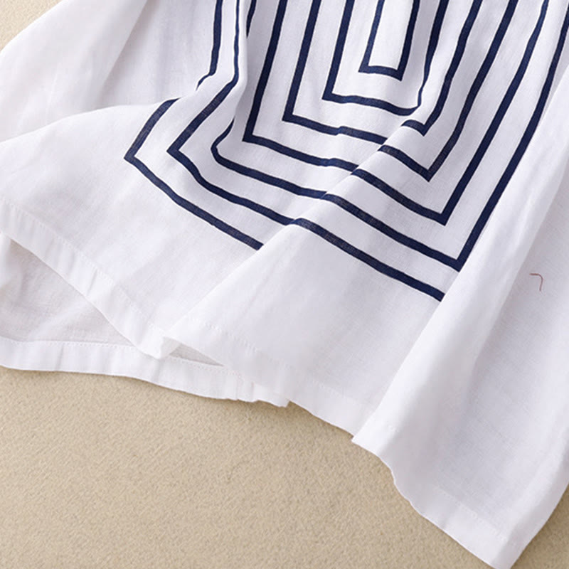 Maglietta da donna in cotone e lino a maniche corte con motivo stampato a linee casuali Buddha Stones - image 17