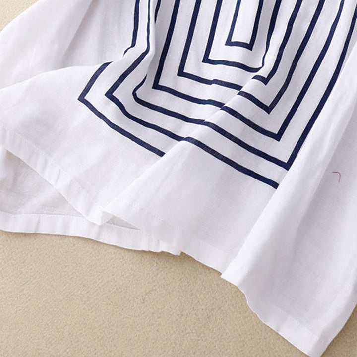 Maglietta da donna in cotone e lino a maniche corte con motivo stampato a linee casuali Buddha Stones - image 17