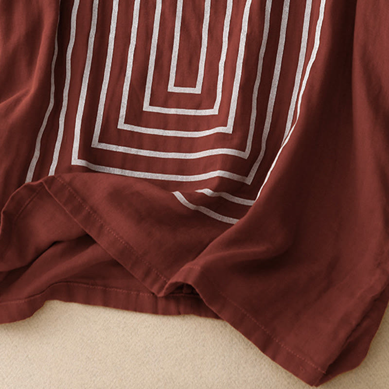 Maglietta da donna in cotone e lino a maniche corte con motivo stampato a linee casuali Buddha Stones - image 10