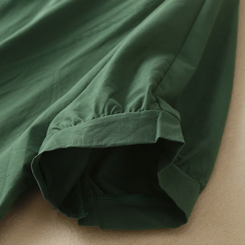 Abito midi in cotone con scollo a V, manica corta, design casual a colori puri Buddha Stones con tasche - image 1