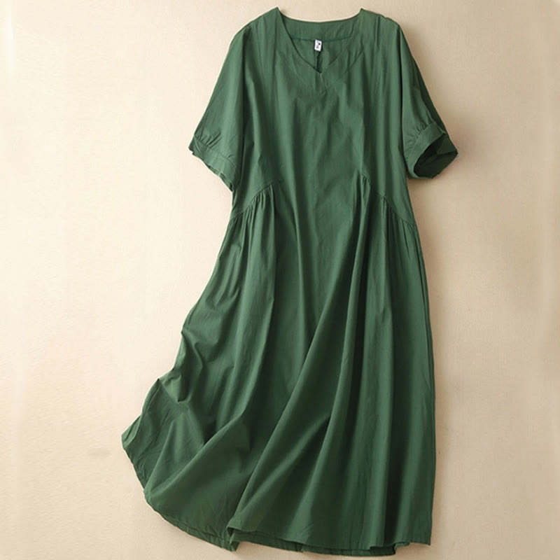 Abito midi in cotone con scollo a V, manica corta, design casual a colori puri Buddha Stones con tasche - Verde scuro - US8-10, UK/AU12-14, EU40-42 (2XL) - image 0