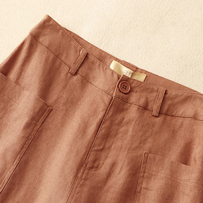 Pantaloni da donna a gamba larga in cotone e lino con tasche e cerniera, lunghezza alla caviglia, modello Buddha Stones, design semplice ed estivo