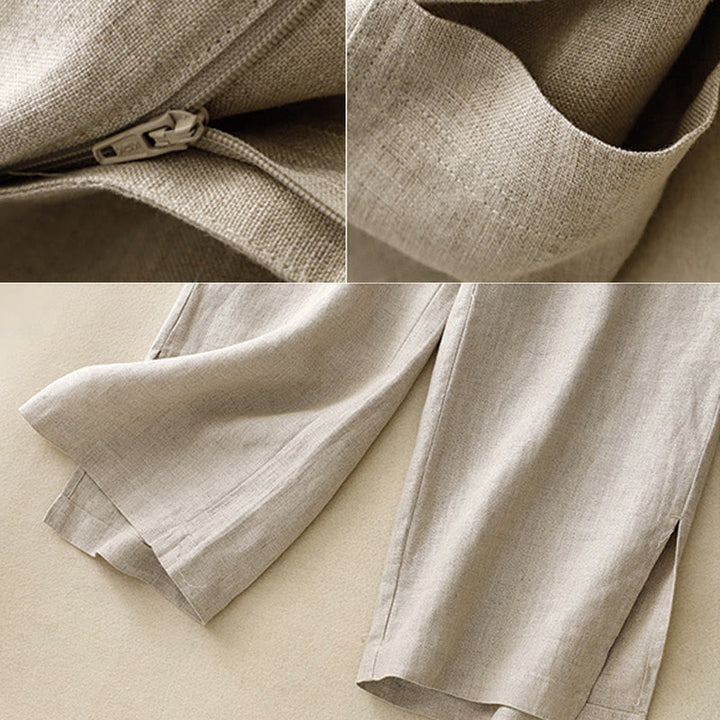 Pantaloni da donna a gamba larga in cotone e lino con tasche e cerniera, lunghezza alla caviglia, modello Buddha Stones, design semplice ed estivo