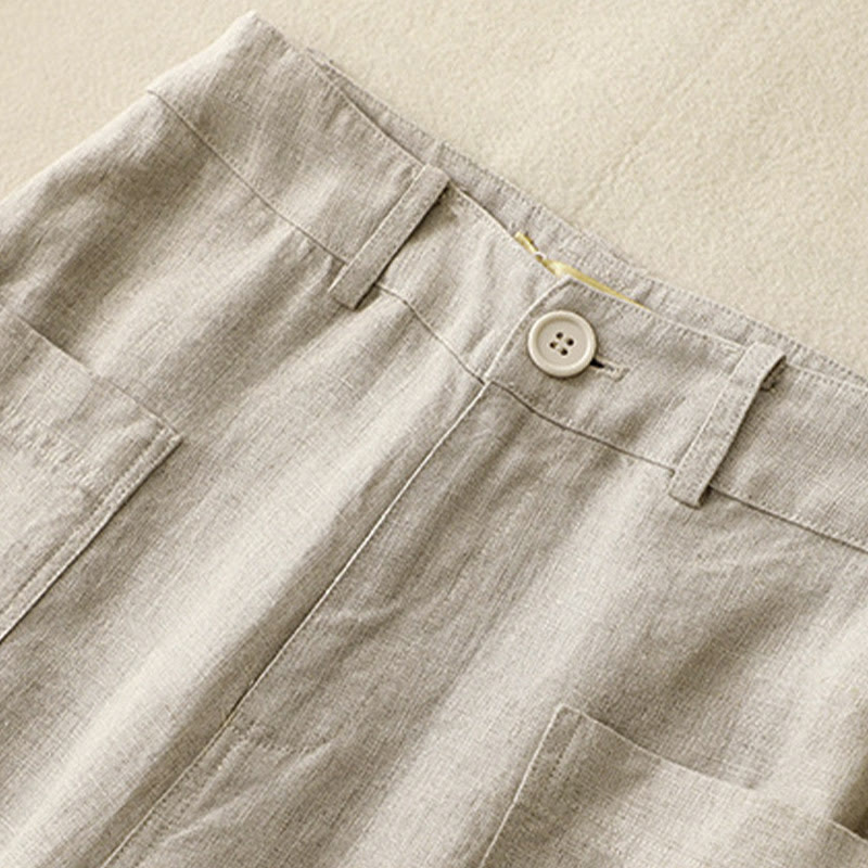 Pantaloni da donna a gamba larga in cotone e lino con tasche e cerniera, lunghezza alla caviglia, modello Buddha Stones, design semplice ed estivo