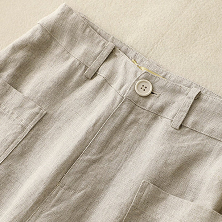 Pantaloni da donna a gamba larga in cotone e lino con tasche e cerniera, lunghezza alla caviglia, modello Buddha Stones, design semplice ed estivo