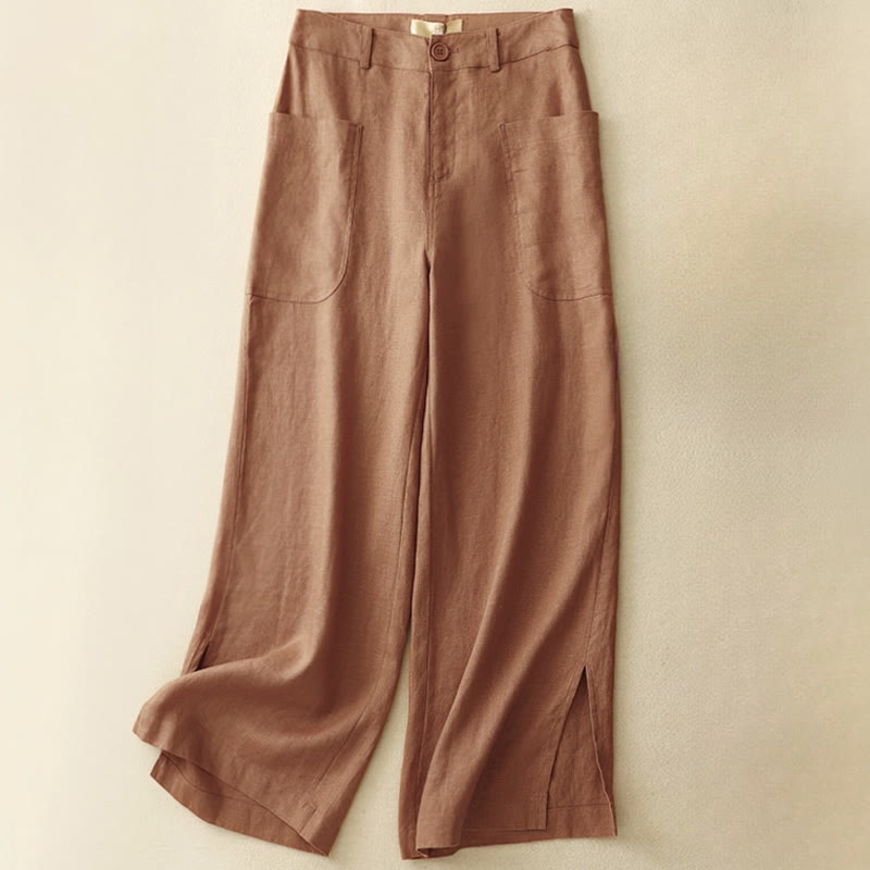 Pantaloni da donna a gamba larga in cotone e lino con tasche e cerniera, lunghezza alla caviglia, modello Buddha Stones, design semplice ed estivo