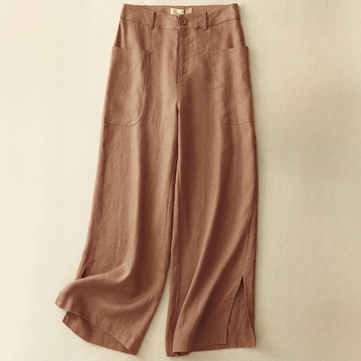 Pantaloni da donna a gamba larga in cotone e lino con tasche e cerniera, lunghezza alla caviglia, modello Buddha Stones, design semplice ed estivo