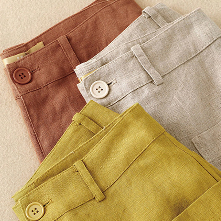 Pantaloni da donna a gamba larga in cotone e lino con tasche e cerniera, lunghezza alla caviglia, modello Buddha Stones, design semplice ed estivo