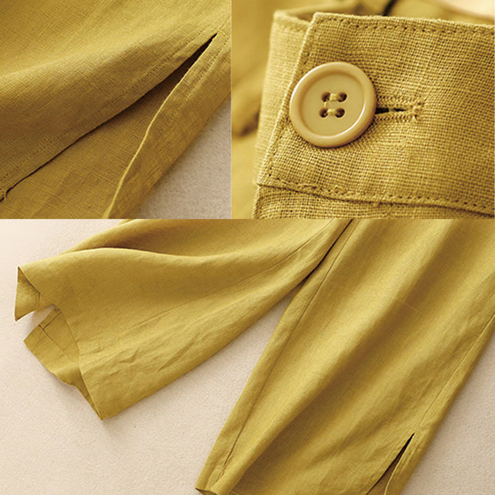Pantaloni da donna a gamba larga in cotone e lino con tasche e cerniera, lunghezza alla caviglia, modello Buddha Stones, design semplice ed estivo