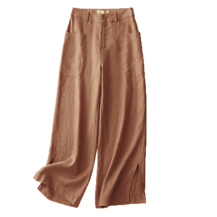 Pantaloni da donna a gamba larga in cotone e lino con tasche e cerniera, lunghezza alla caviglia, modello Buddha Stones, design semplice ed estivo