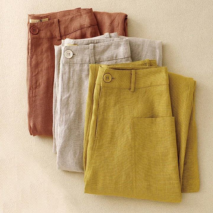 Pantaloni da donna a gamba larga in cotone e lino con tasche e cerniera, lunghezza alla caviglia, modello Buddha Stones, design semplice ed estivo