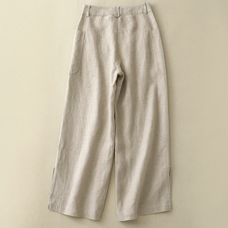 Pantaloni da donna a gamba larga in cotone e lino con tasche e cerniera, lunghezza alla caviglia, modello Buddha Stones, design semplice ed estivo
