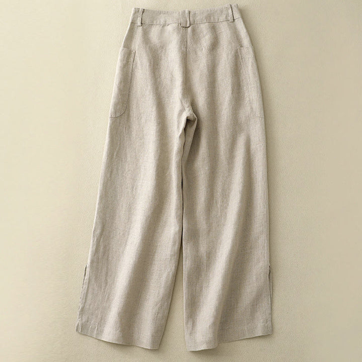 Pantaloni da donna a gamba larga in cotone e lino con tasche e cerniera, lunghezza alla caviglia, modello Buddha Stones, design semplice ed estivo