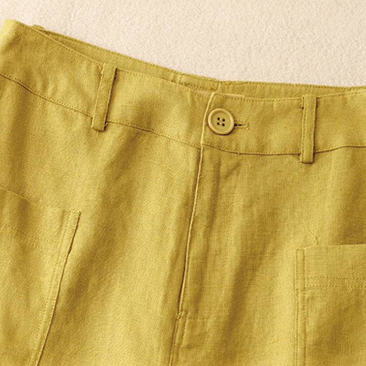 Pantaloni da donna a gamba larga in cotone e lino con tasche e cerniera, lunghezza alla caviglia, modello Buddha Stones, design semplice ed estivo