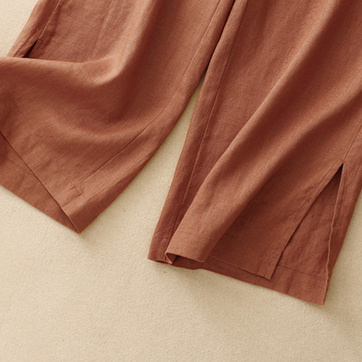 Pantaloni da donna a gamba larga in cotone e lino con tasche e cerniera, lunghezza alla caviglia, modello Buddha Stones, design semplice ed estivo