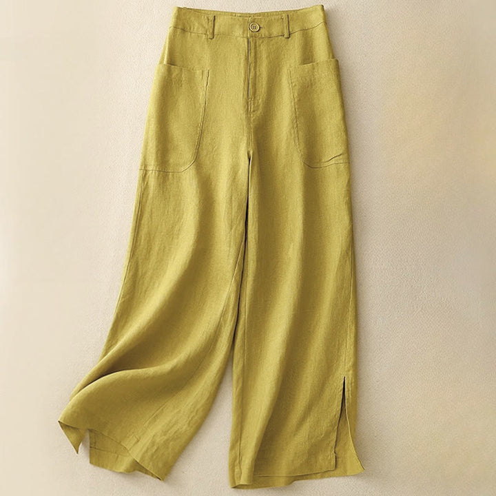 Pantaloni da donna a gamba larga in cotone e lino con tasche e cerniera, lunghezza alla caviglia, modello Buddha Stones, design semplice ed estivo