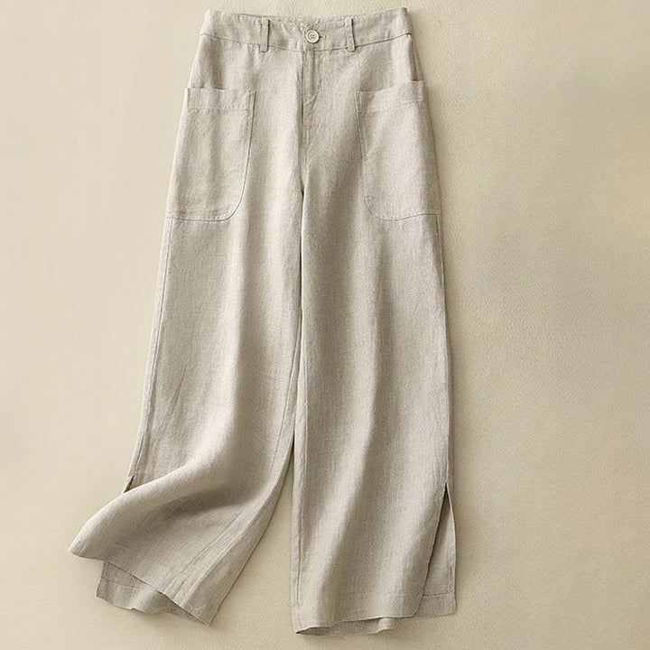 Pantaloni da donna a gamba larga in cotone e lino con tasche e cerniera, lunghezza alla caviglia, modello Buddha Stones, design semplice ed estivo