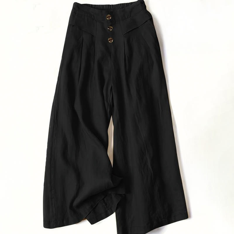 Pantaloni larghi da donna in cotone e lino con tasche, stile retrò casual a vita alta, stile Buddha Stones