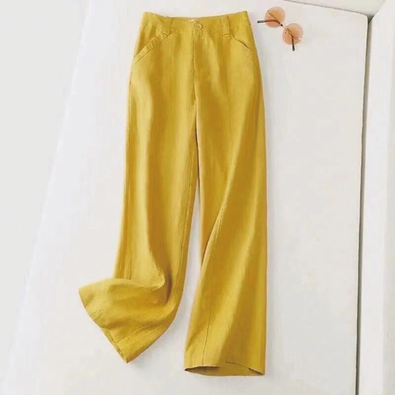 Pantaloni larghi da donna in cotone e lino, casual, retrò, tinta unita, a vita alta, con tasche, Buddha Stones
